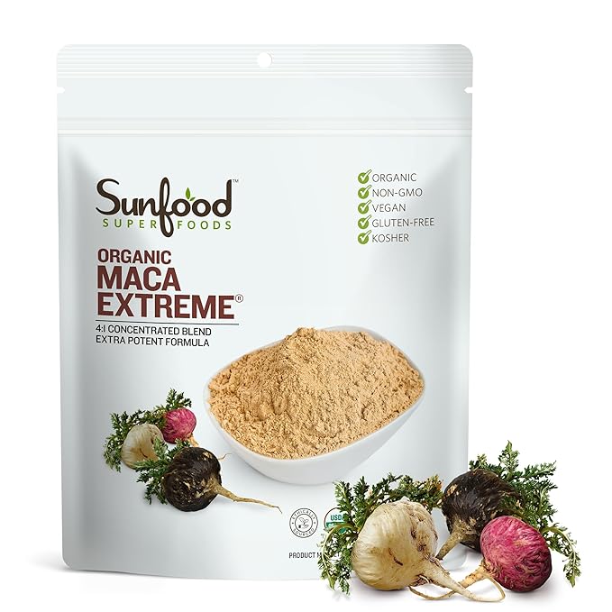 Sunfood Organic Maca Extreme - Maca Root Powder Maca Powder Organic Maca Supplement for Men &amp Women with Adaptogens Peruvian Raw Vegan Premium Maca Powder - 8 Oz Bag
