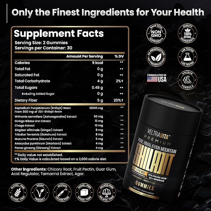 Pure Himalayan Shilajit Gummies with Ginkgo Biloba Chaga &amp KSM-66 Ashwagandha | Shilajit for Men &amp Women |10000 mg Max Potency | 76%+ Fulvic Acid &amp 92+ Trace Minerals | Sugar Free