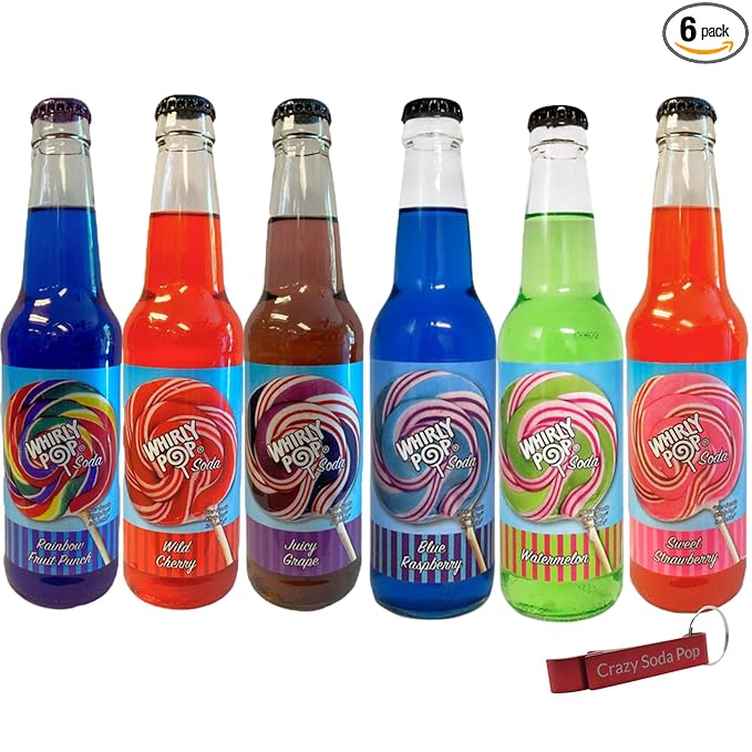 Whirly Pop Soda Variety Pack| 6 Unique Flavors of Soda Pop with Real Cane Sugar | 12 oz Glass Bottles in a Mixed Sampler with Crazy Soda Pop Bottle Opener (6 Pack)