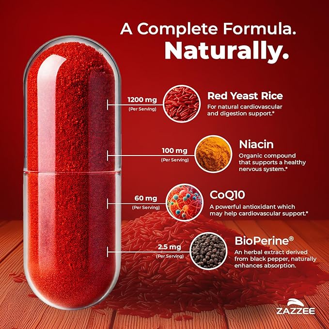 Extra Strength Red Yeast Rice with CoQ10 - 20X Concentrated 1200mg Red Yeast Rice Supplement with Niacin CoQ 10 and BioPerine for Enhanced Absorption - Non-GMO Vegan &amp ISO Lab Tested (75 Servings)