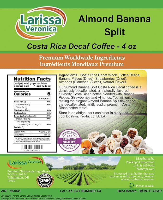 Almond Banana Split Costa Rica Decaf Coffee (Gourmet Naturally Flavored Whole Coffee Beans) (4 oz ZIN: 563841) - 3 Pack