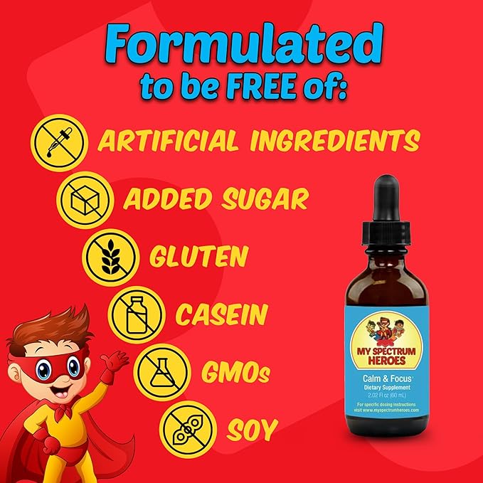 My Spectrum Heroes Calm &amp Focus Supplement Drops - Brain Support with L-theanine GABA Huperzine A - Enhance Focus for Kids or Adults - Boost Concentration for Kids &amp Teens - 2.02 FL oz. (60
