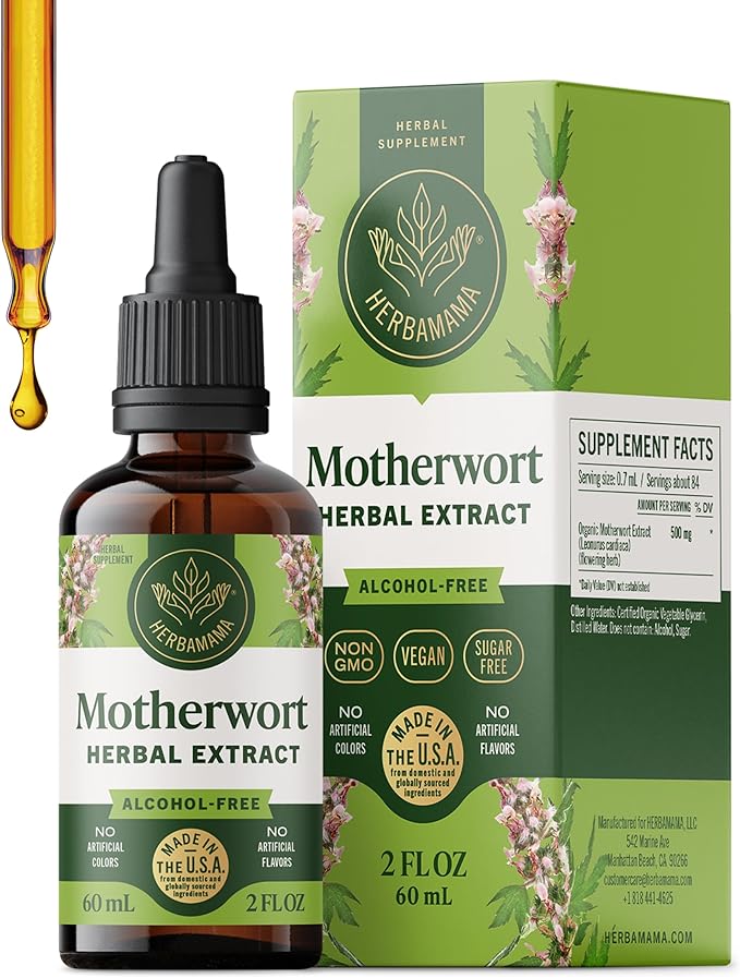 HERBAMAMA Motherwort Tincture - Vegan Motherwort Herb Extract Calm Drops for Women's Support - Non-GMO Alcohol &amp Sugar-Free Liquid Relaxation Supplement 28-Day Supply