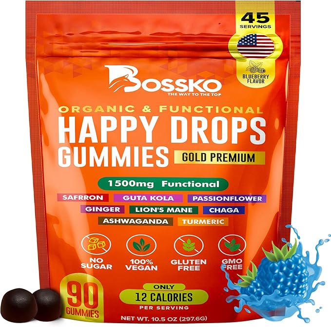 Happy Drops – Daily Superfood Gummies for Mood Support Focus and Energy – Sugar-Free Vegan Blueberry Flavor – 90 Gummies for Adults – Daily Support for Mood Focus and Natural Energy