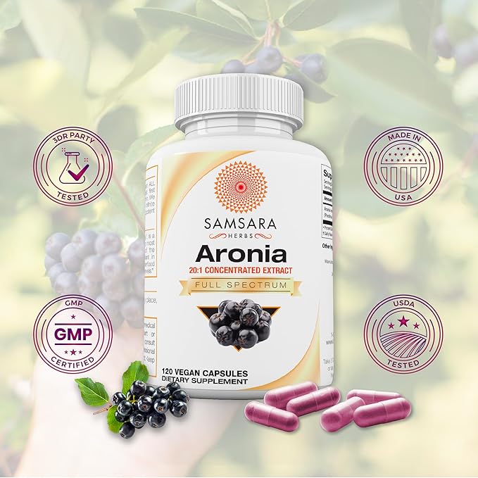 Samsara Herbs Aronia Berry 20:1 Extract (120x500mg Capsules) - Antioxidant Flavonoids and Polyphenols Supplement - High ORAC - Native American Berry - Improved Wellbeing