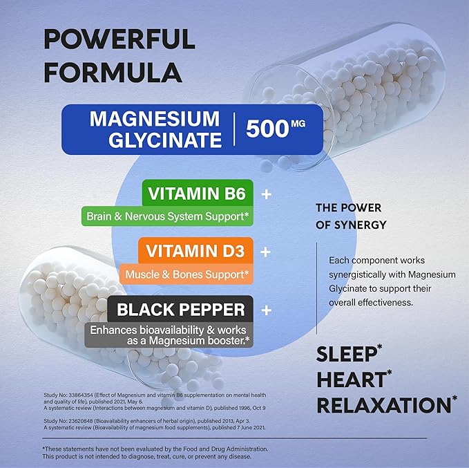 Magnesium Glycinate 500 mg - Chelated Supplement - High Absorption Form of Magnesium - Support for Sleep Muscle &amp Heart Health - Made in USA Lab Tested &amp Non-GMO - 180 Capsules