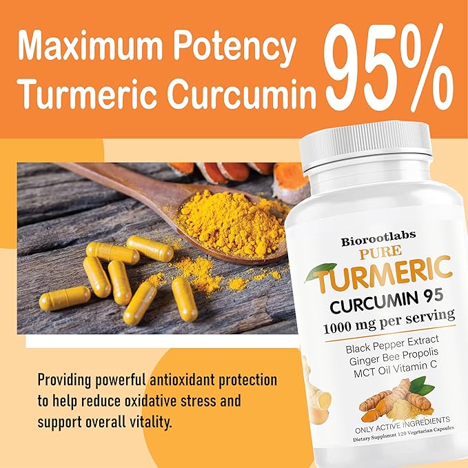 Biorootlabs Turmeric Curcumin | Pure Turmeric Curcumin Supplement 1000mg | 95% Curcuminoids with Bee Propolis Ginger MCT Oil Fat Soluble Vitamin C &amp Black Pepper 120 Capsules (1)