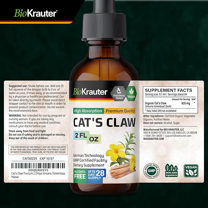 BIO KRAUTER® Cats Claw - Liquid Drops Pure Vegan Cats Claw Herb Supplement 625 mg per Serving 2 Fl.Oz 28-Day Supply - Used for Digestive &amp Immune Support Natural Antioxidant - Alcohol &amp Sugar