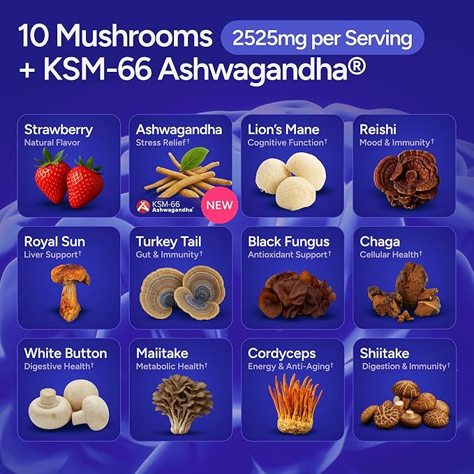 Sugar-Free Mushroom Gummies with KSM 66 Ashwagandha - Potent 10x Mushroom Supplement with Lions Mane Chaga Reishi Mushroom Complex Natural Stress Support Calm Gummies Nootropic Supplement