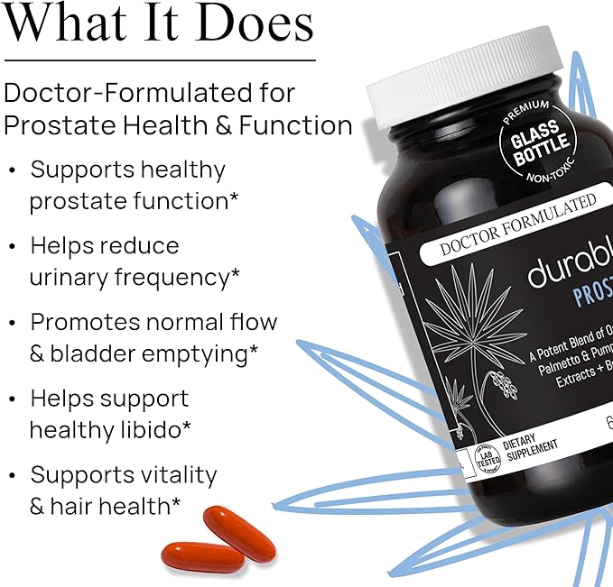Durable Prostate – Organic USPlus Saw Palmetto + Beta-Sitosterol – Supports Men’s Prostate Health Bladder Function &amp Flow– Doctor-Formulated Made in USA – 30 Day Supply (60 Softgels)