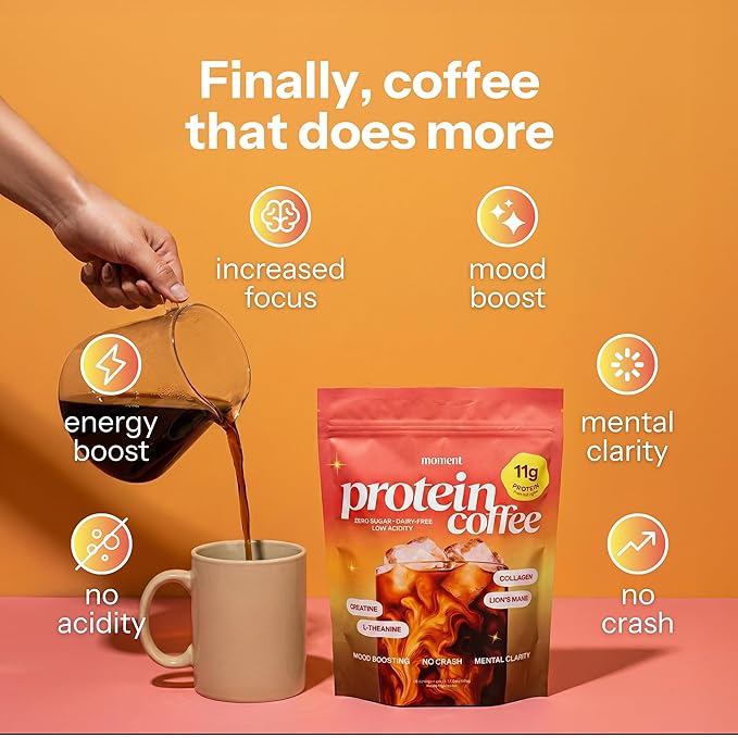 Moment Protein Coffee Powder with Mushrooms &amp Creatine – Zero Sugar Low Acidity Instant Protein Coffee Powder with Lion’s Mane Reishi &amp L-Theanine for Energy Focus &amp Mental Clarity-25 S