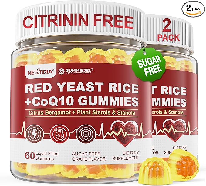 Red Yeast Rice Gummies 2400MG with CoQ10 Suagr Free Balanced Chṏlesterṏl Supplements Plus Citrus Bergamot Plant Sterols &amp Stanols Supports Vḁsculḁr Health Energy Immunity for Age 50+Vegan60
