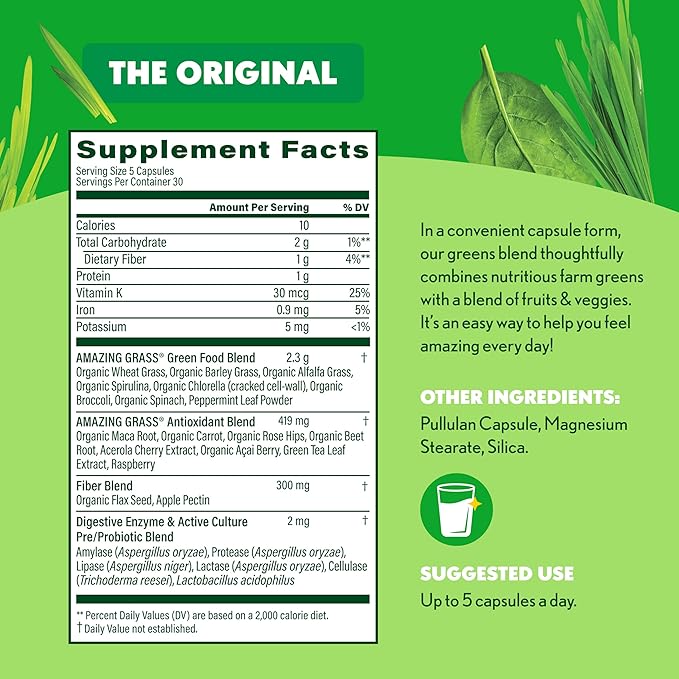Amazing Grass Greens Blend Superfood Capsules: Super Greens with Organic Spirulina Chlorella Beet Root Powder Digestive Enzymes &amp Probiotics 150 Capsules (Packaging May Vary)