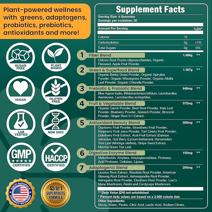 Super Greens Gummies for Adults – 7-in-1 Whole Food Supplement Spirulina Lion’s Mane Probiotics Fiber &amp Digestive Enzymes Vegan Sugar-Free Digestive &amp Immune Support 120 Gummies