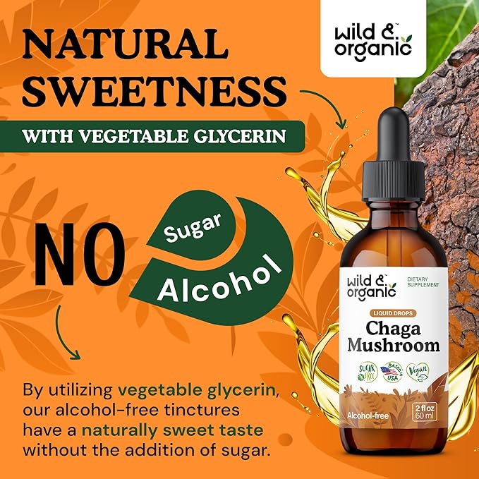 Wild &amp Organic Chaga Mushroom Tincture - Immune Support with Chaga Mushroom Extract Liquid - Immunity Drops Supplement - Vegan Sugar &amp Alcohol-Free - 2 fl oz