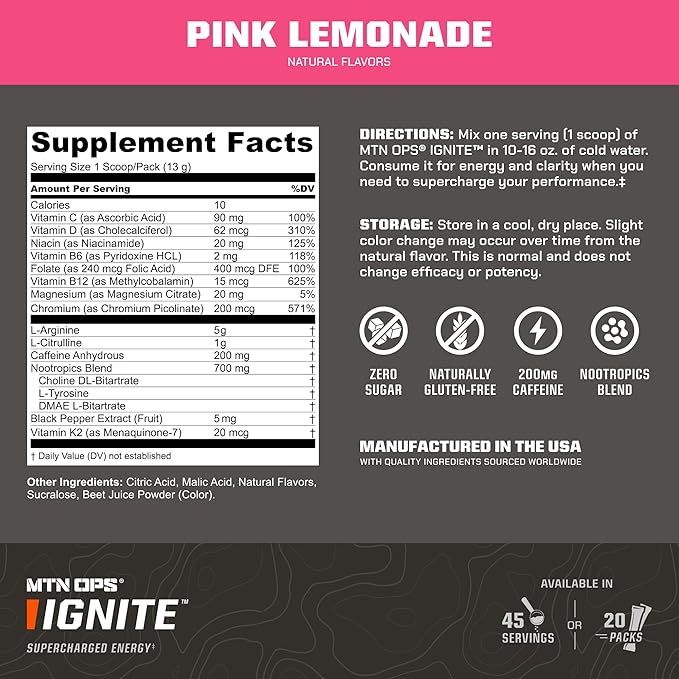 MTN OPS Ignite Energy Drink Powder Gluten Free Nootropic Supplement Drink Mix L Arginine L Citrulline Caffeine &amp Nootropic Sugar Free Drink Mix 45 Servings Pink Lemonade