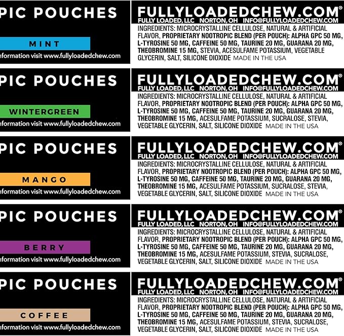 Fully Loaded Alpha Fuel Nootropic Pouches (Variety Fuel) - 5 cans - 15 Pouches per can - Nootropic Energy Pouches with Caffeine Alpha GPC Tyrosine Taurine Guarana and More