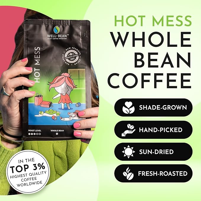 Well-Bean Coffee - Hot Mess Coffee Beans Nicaraguan Microlot Whole Bean Coffee Gluten-Free Keto Coffee Antioxidant Rich Coffee Beans Whole Medium Roasted Coffee 2 lb