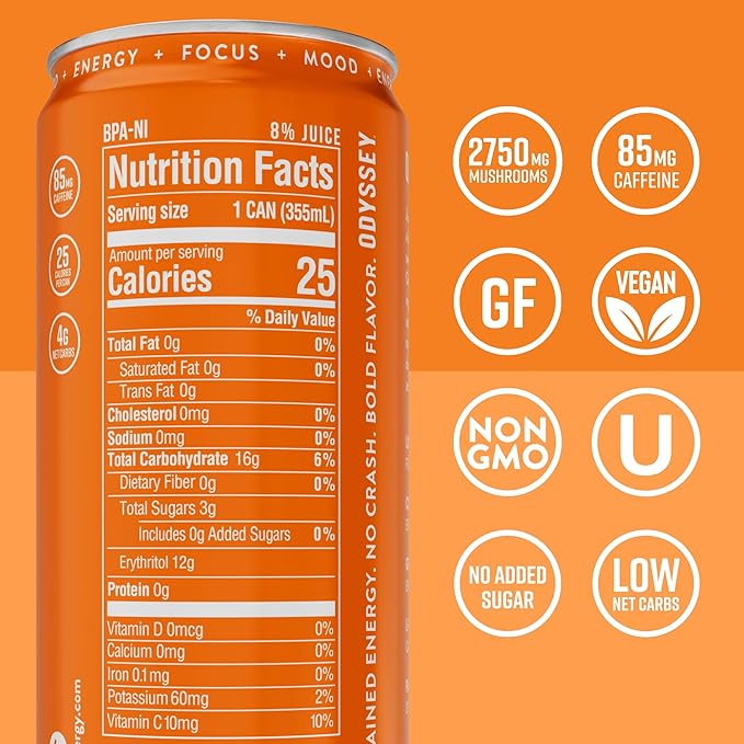 Odyssey Functional Energy Drink for Focus Cognition &amp Mood Support 12 Pack - Adaptogenic Drink with 85mg Green Tea Caffeine Lion’s Mane Cordyceps L-Theanine &amp Ginseng Sparkling Orange