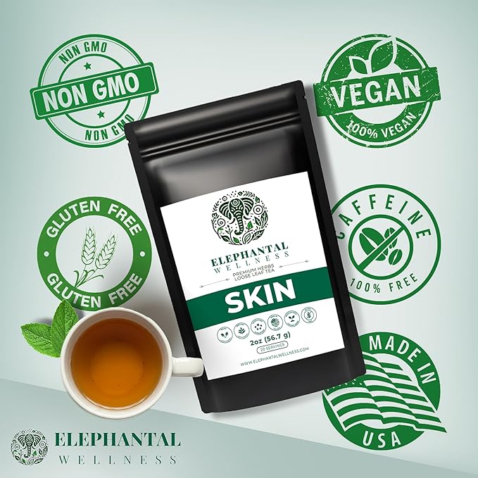 Elephantal Wellness Premium Skin Herbal Tea | Radiance &amp Clarity Support with Burdock Dandelion Calendula &amp Lavender | Non-GMO Caffeine-Free Handmade Loose Leaf Blend 2oz Loose Leaf 20 S