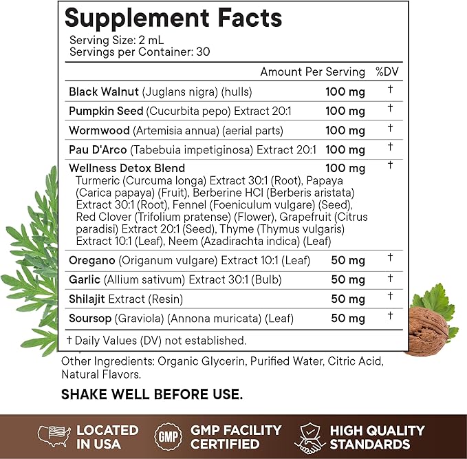 Wormwood Black Walnut Cleanse for Humans Drops Liquid Soursop Garlic Pumpkin Seed PAU D'Arco Oil of Oregano Turmeric Berberine Neem Extract Hull Bark Tincture - 6 oz