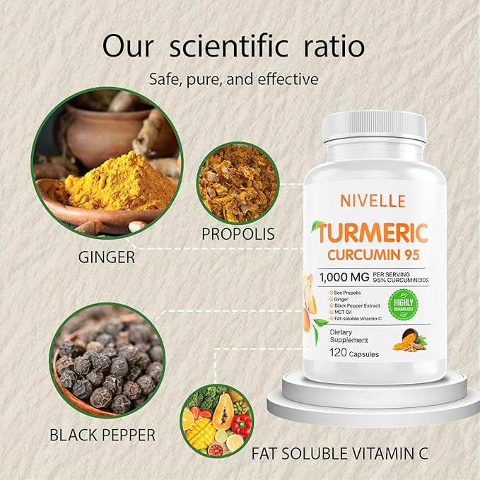 NIVELLE Turmeric Curcumin | Pure Turmeric Curcumin Supplement 1000mg | 95% Curcuminoids with Bee Propolis Ginger MCT Oil Fat Soluble Vitamin C &amp Black Pepper | 120 Capsules (2)