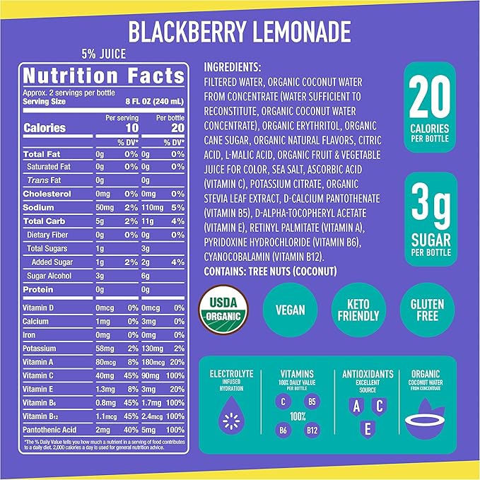 ROAR Complete Hydration Organic - Electrolyte Drinks Loaded with Vitamins C B5 B12 - Non-GMO Gluten-Free - Blackberry Lemonade - 12 pc