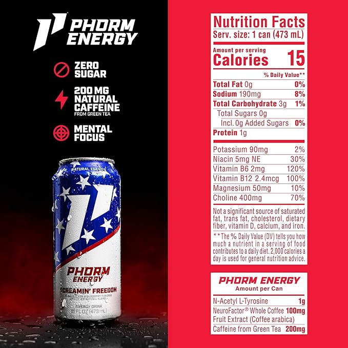 Phorm Energy Drink Screamin’ Freedom Rocket Pop Flavor Sugar Free 200 mg Natural Caffeine From Green Tea Electrolytes and Vitamin B12 Gluten Free Vegan 16 FL Oz Pack of 12