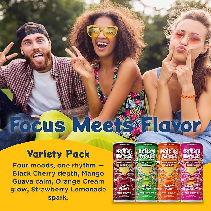 Melting Forest Mushroom Energy Drink 150mg of Caffeine L-Theanine Cordyceps &amp Lion's Mane Energy &amp Focus Cognitive Function &amp Mental Clarity Variety Pack (12 Pack)
