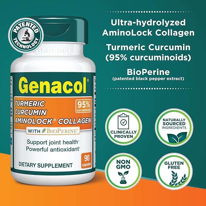 Genacol Turmeric Curcumin Ultra-Hydrolyzed Collagen Peptides Supplement with Black Pepper Extract (BioPerine) Soothe Your Joints Enhanced Absorption 90 Capsules (30-Day Supply)