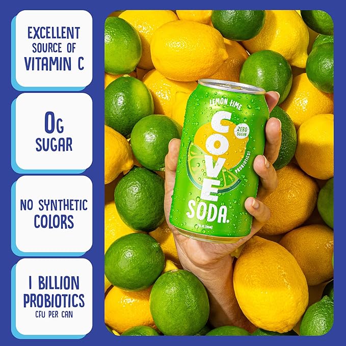 Cove Probiotic Soda Soft Drinks with Zero Sugar – Refreshing Functional Soda Alternative with Probiotics &amp Vitamin C – Naturally Flavored Caffeine-Free Sparkling Beverage - Lemon Lime 12 Pack