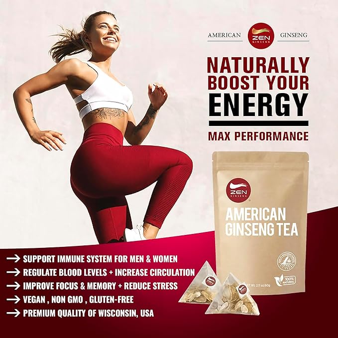 Zen Ginseng Tea 30 ct Triangle Teabags. American Ginseng Tea 花旗参三角茶包 Boosts Body Energy Immunity and Stamina.