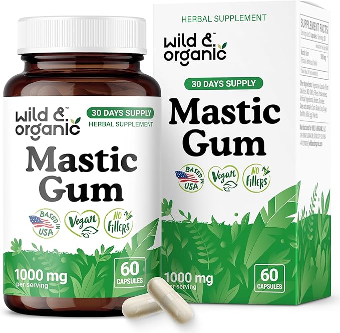 Wild &amp Organic Mastic Gum Capsules - 1000 mg Mastic Gum Supplement for Gut Support - 30 Days of Supply - 60 Vegan Resin Capsules - No Fillers Non-GMO Gluten-Free