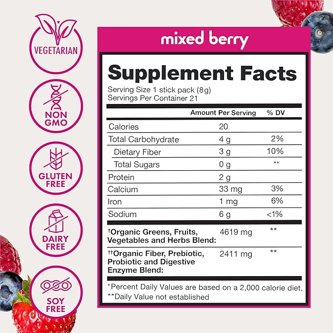 Zena Nutrition Organic Super Greens Powder Variety Pack 70+ Superfoods 0 Sugar 3G Fiber Spirulina Chlorella Antioxidants Prebiotics/Probiotics Digestive Enzymes 21 Drink Mix Packets
