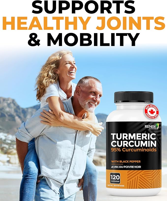 Renew Actives Turmeric Curcumin with Black Pepper – 600MG Turmeric Root 100MG Curcuminoids per 2 Capsules – Supports Digestion Liver Health Joint Relief &amp Mobility – Made in Canada – 120 Capsul