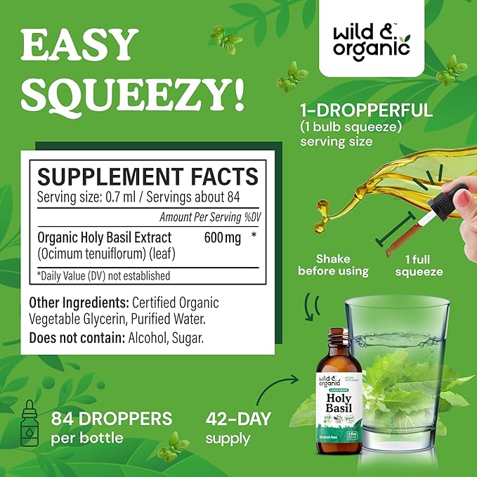 Wild &amp Organic Holy Basil Leaf Tincture - Relaxation Calmness Mood Support - Tulsi Holy Basil Supplement - Vegan Sugar &amp Alcohol-Free Herb Extract Drops - 2 fl oz