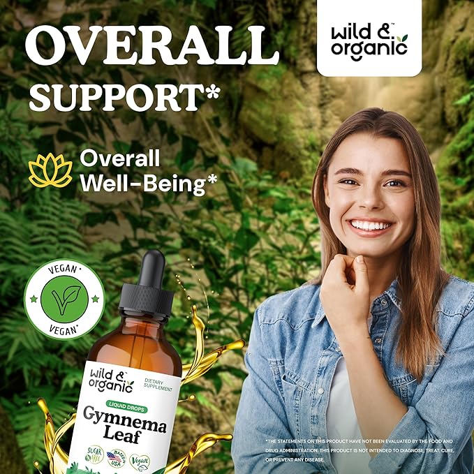 Wild &amp Organic Gymnema Sylvestre Extract Drops - Sugar-Free Gymnema Sylvestre Supplements - Gurmar Powder Based Tincture - Vegan Alcohol-Free Leaf Liquid Drops - 4 fl oz
