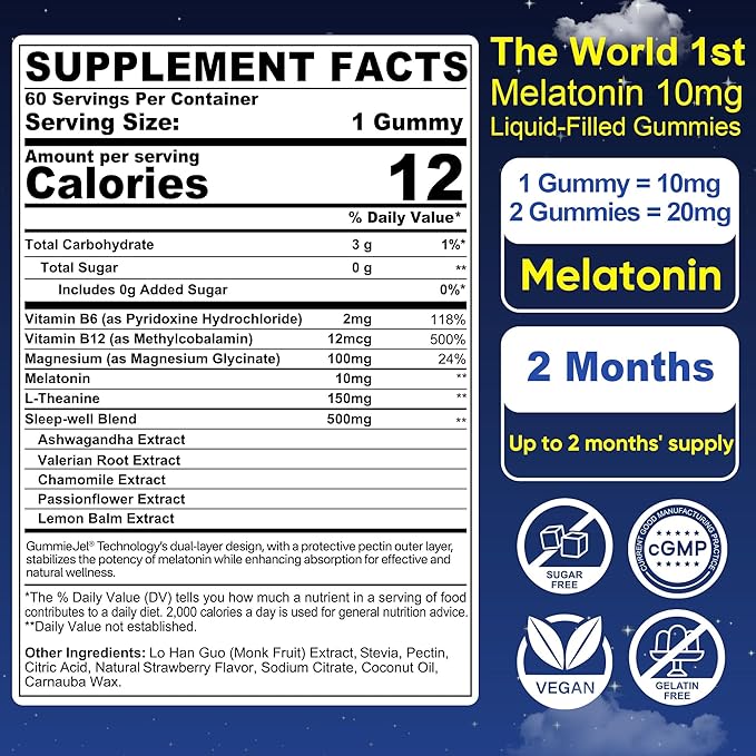 2 Pack Sugar Free Melatonin Gummies 10mg 20mg Magnesium Glycinate Melatonin for Adults Ashwagandha L-Theanine B6 B12 Lemon Balm and Chamomile for Deep Relaxation Antioxidant Vegan120 Day