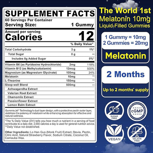 2 Pack Sugar Free Melatonin Gummies 10mg 20mg Magnesium Glycinate Melatonin for Adults Ashwagandha L-Theanine B6 B12 Lemon Balm and Chamomile for Deep Relaxation Antioxidant Vegan120 Day