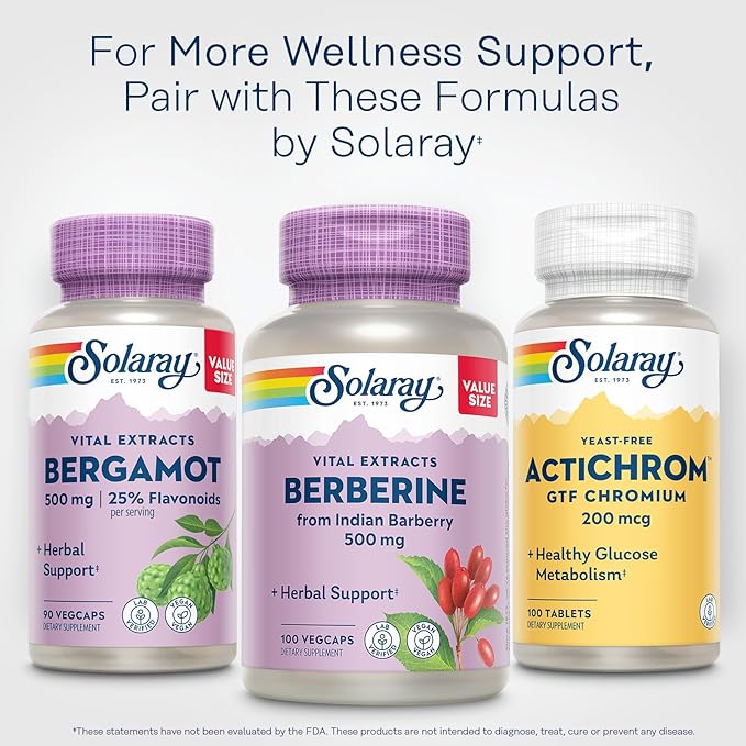 SOLARAY Bergamot 500 mg - Citrus Bergamot Supplement for an Active Lifestyle - Standardized to 25% Flavonoids - with Berberine HCl from Indian Barberry - Vegan 60-Day Guarantee 45 Serv 90 VegCaps