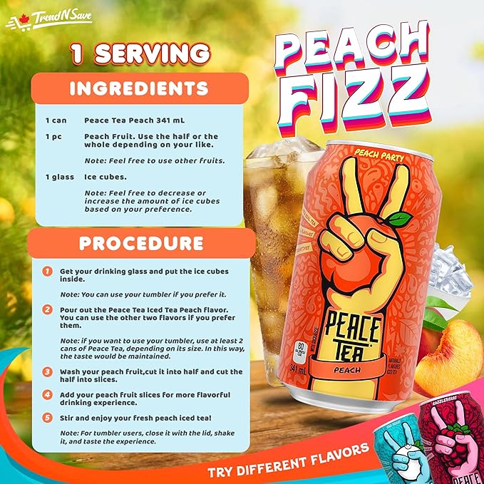 Peace Tea Variety Pack - No Preservatives Made with Real Tea and Natural Fruity Flavor - Pack of 6 (2 Cans of Sno Berry 2 Cans of Peach 2 Cans of Razzleberry) 3 Flavors 341 mL/11.5 fl. oz. - Ship