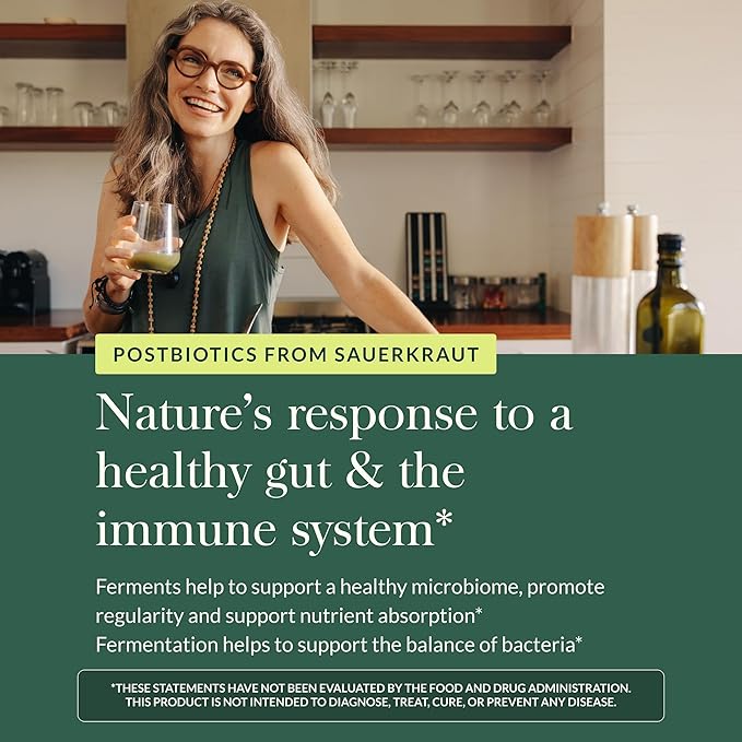Gaia Herbs Sauerkraut Postbiotic - Gut Health &amp Immune Support Supplement* - Made with Fermented Sauerkraut - Free from Dairy Soy &amp Gluten - 60 Vegan Liquid Phyto-Caps (30 Servings)