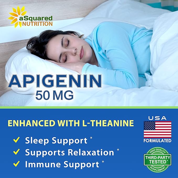aSquared Nutrition Apigenin 50mg &amp L-Theanine 200mg - 120 Capsules - Apigenin Supplement Pills for Sleep and Relaxation - Natural Bioflavonoid Extract Found in Chamomile Tea