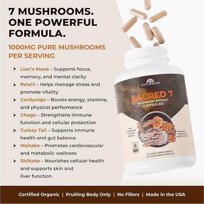 Naturealm Sacred 7 Mushroom Supplement Capsules | 60-Day Supply | 7-in-1 Organic Mushroom Complex Capsules with Lions Mane Reishi Chaga | 1000mg Per Serving | Immune Support &amp Focus