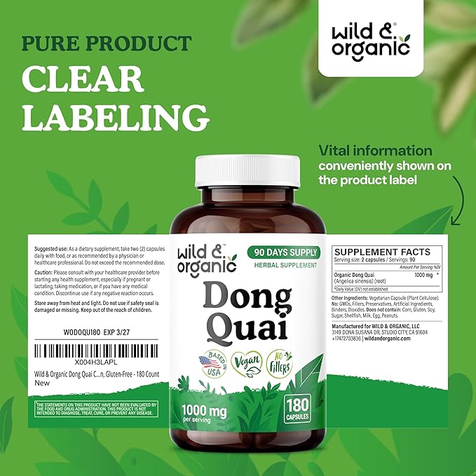 Wild &amp Organic Dong Quai Capsules 1000 mg - Menopause Supplements for Women - Dong Quai Root Supplement - Angelica Root Herb - 90-Day Supply - Non-GMO Vegan Gluten-Free - 180 Count