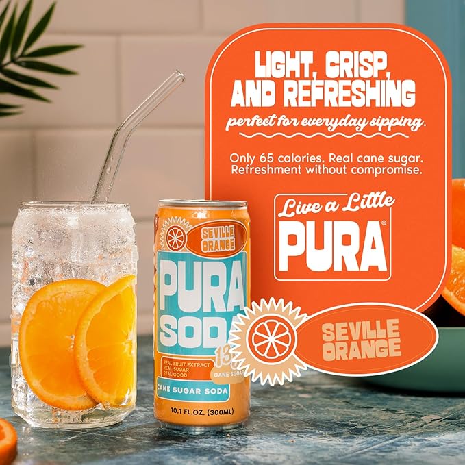 PuraSoda® Seville Orange | 65 Calories &amp 13g Pure Cane Sugar per Can | Non-GMO Vegan | Made with Pure Cane Sugar Clean &amp Refreshing | 10 fl oz (300ml) Cans Pack of 24
