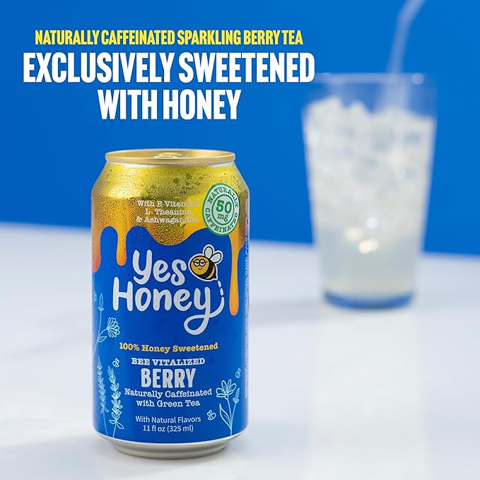 Yes Honey Sparkling Berry Tea 11oz (12-Cans) 100% Honey-Sweetened Functional Tea Alpha Gal Friendly With Green Tea Caffeine B Vitamins &amp Ashwagandha