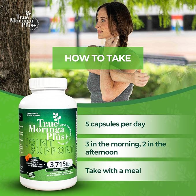 True Moringa Plus+ Joint Support Supplement 10:1 Extract | 20000mg of Organic Moringa Turmeric Curcumin Ginger Boswellia BioPerine | Extra Strength Herbal Antioxidant for Adults (150 Capsules)