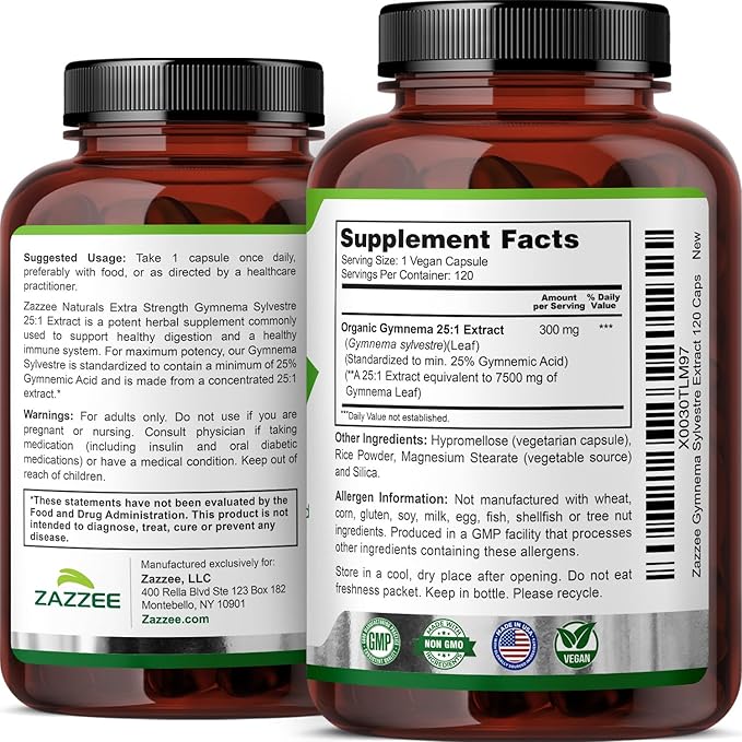 Zazzee USDA Organic Gymnema Sylvestre 25:1 Extract 25% Gymnemic Acid 120 Vegan Capsules 4 Month Supply All-Natural Botanical Support Concentrated 25X Extract Non-GMO Made in the USA