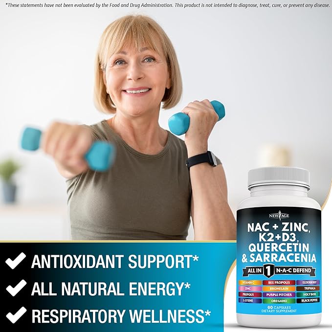 NEW AGE NAC Supplement N-Acetyl Cysteine- with Vitamin D3 K2 Zinc Quercetin Triphala Sarracenia Purpurea Elderberry Holy Basil Bee Propolis Bromelain L-Lysine - 60 Count